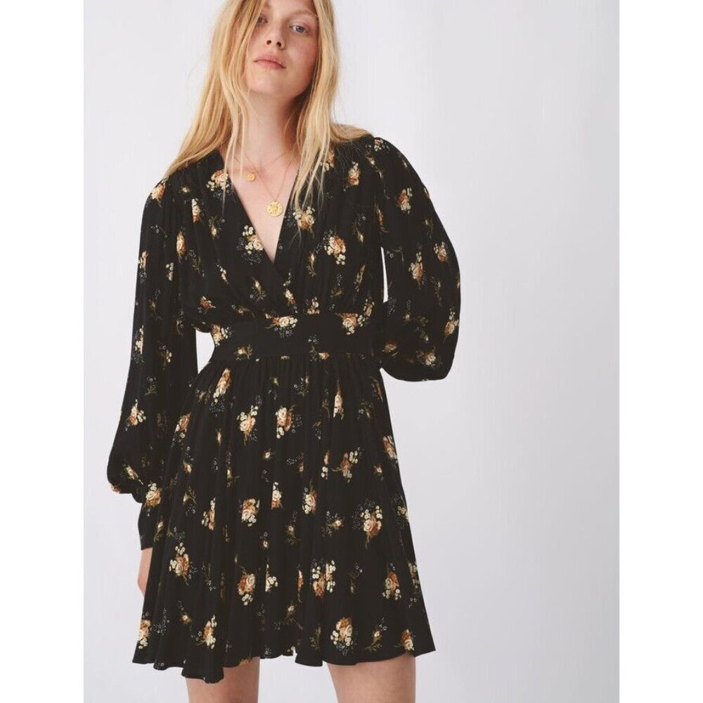 MAJE Size L Rasmus Floral Crepe Flowy Mini Dress Long Sleeve Black Holiday